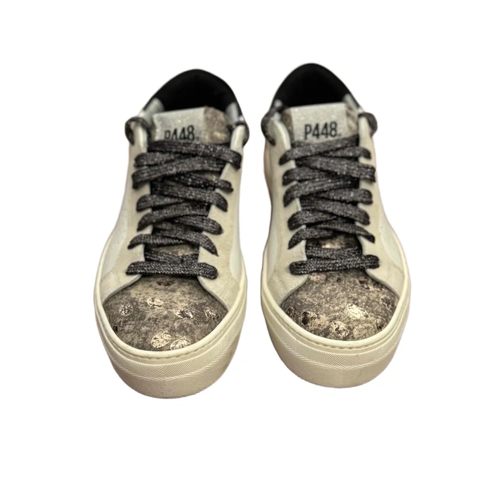 P448 Thea Platform Sneakers White Metallic Leather and Suede Size 37‎
